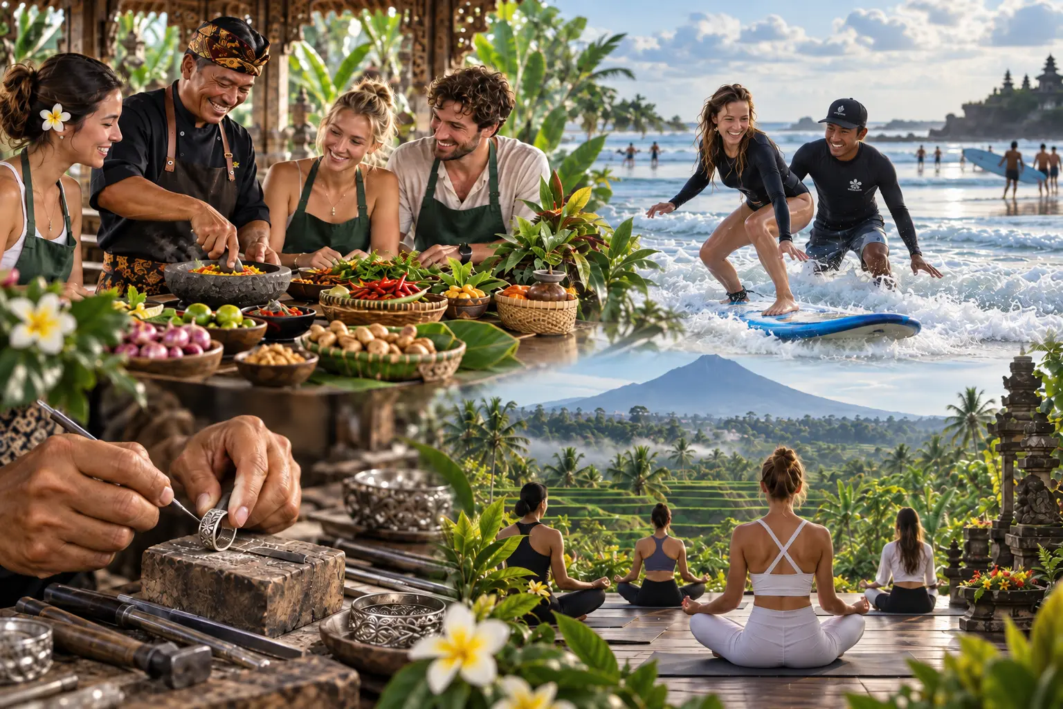 Bali classes collage showing cooking, yoga, surf and silver jewellery making
